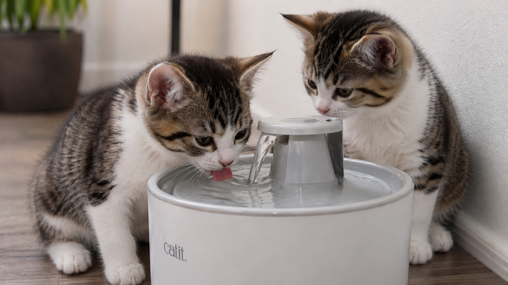 Dos gatos bebiendo de una fuente de agua